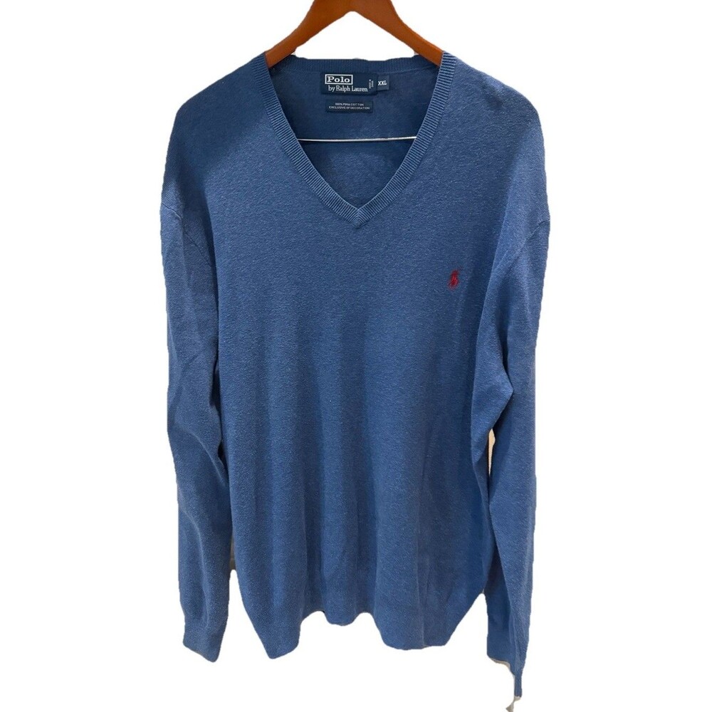 Polo Ralph Lauren V Neck Sweater Mens XXL 2XL Blue Pullover Pima Cotton Classic